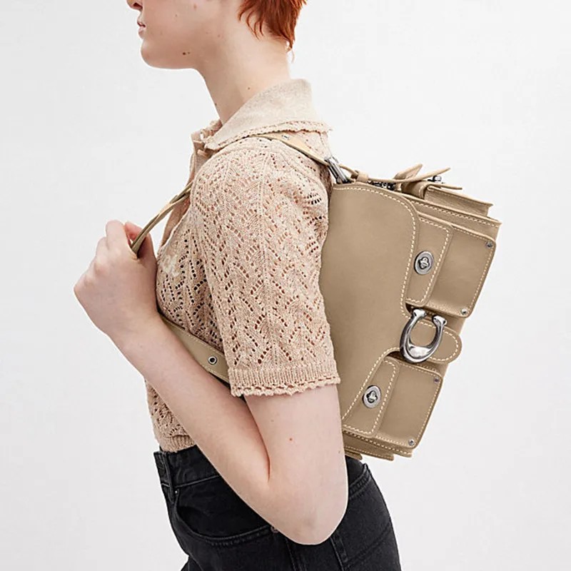 COACH CargoSoft Tabby Grain Leather Biker Bag Shoulder Bag, Handbag Medium Size Women's Khaki-5