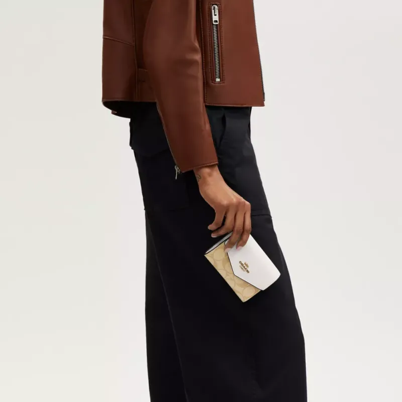 COACH Envelope Canvas With Leather Envelope Wallets Mini Women's Gold & Light Khaki Chalk-4