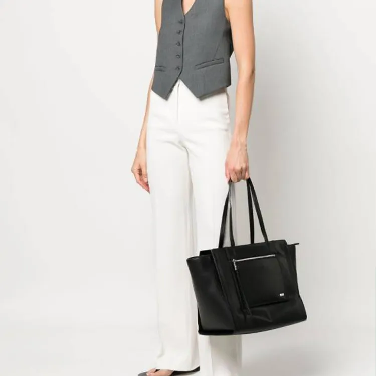 DKNY Leather Tote Bag Shopping Bag Shoulder Bag Handbag Large Size Women's Black-3