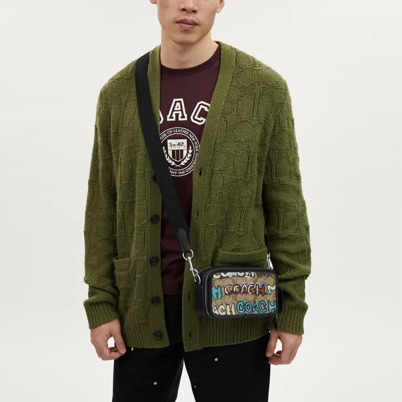COACH Mint X Serf Collaboration Canvas With Leather Shoulder Bag, Crossbody Bag Trumpets Men's Khaki & Black-3