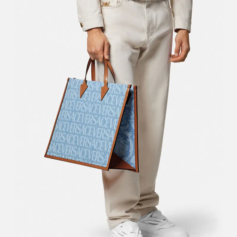 VERSACE Cotton With Cow Leather Tote Bag, Shopping Bag, Shoulder Bag, Crossbody Bag, Handbag Men's Light Blue-4