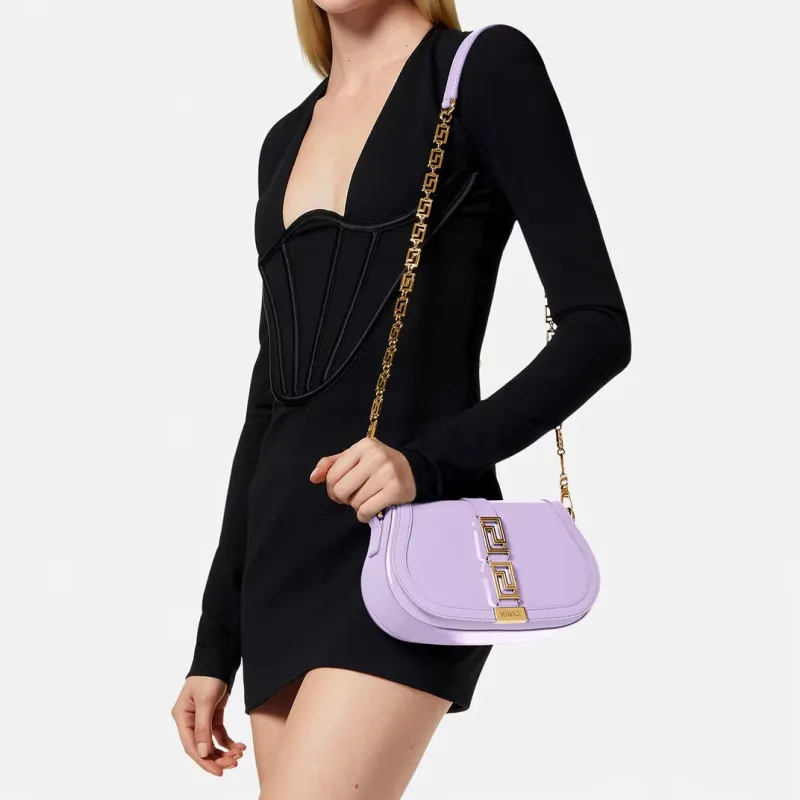 VERSACE Greca Goddess Cow Leather Saddle Bag Portable Crossbody Bag Shoulder Bag Women's Purple-5