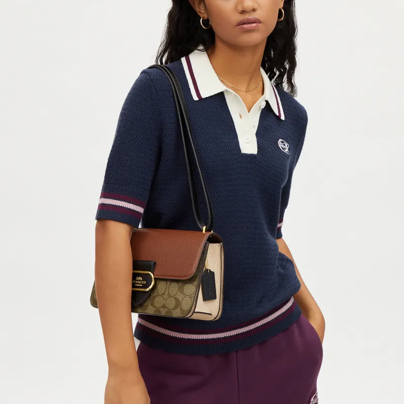 COACH Morgan Square Fabric With Leather Shoulder Bag, Crossbody Bag Medium Size Women's Khaki & Brown-3
