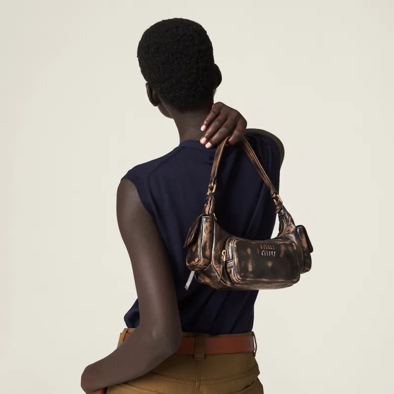 MIU MIU Soft Sheep Leather Hobo Shoulder Bag Handbag Unisex Sand & Coffee-6