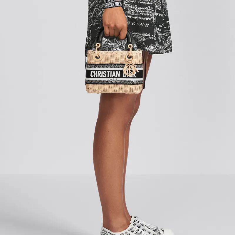 DIOR Lady D-Lite Wicker With Canvas Dior Bag Shoulder Bag Crossbody Bag Handbag Mini Women's Black/White-7