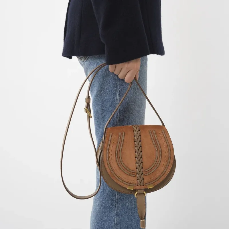 Chloe Marcie Suede Calfskin Saddle Bag Shoulder Bag Crossbody Bag Small Size Women's Ochre-4