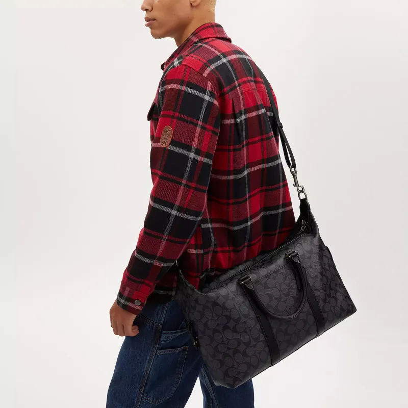 COACH Canvas With Cow Leather Boston Bag Travel Bag Handbag Shoulder Bag Crossbody Bag Large Size Women's Charcoal Gray-4