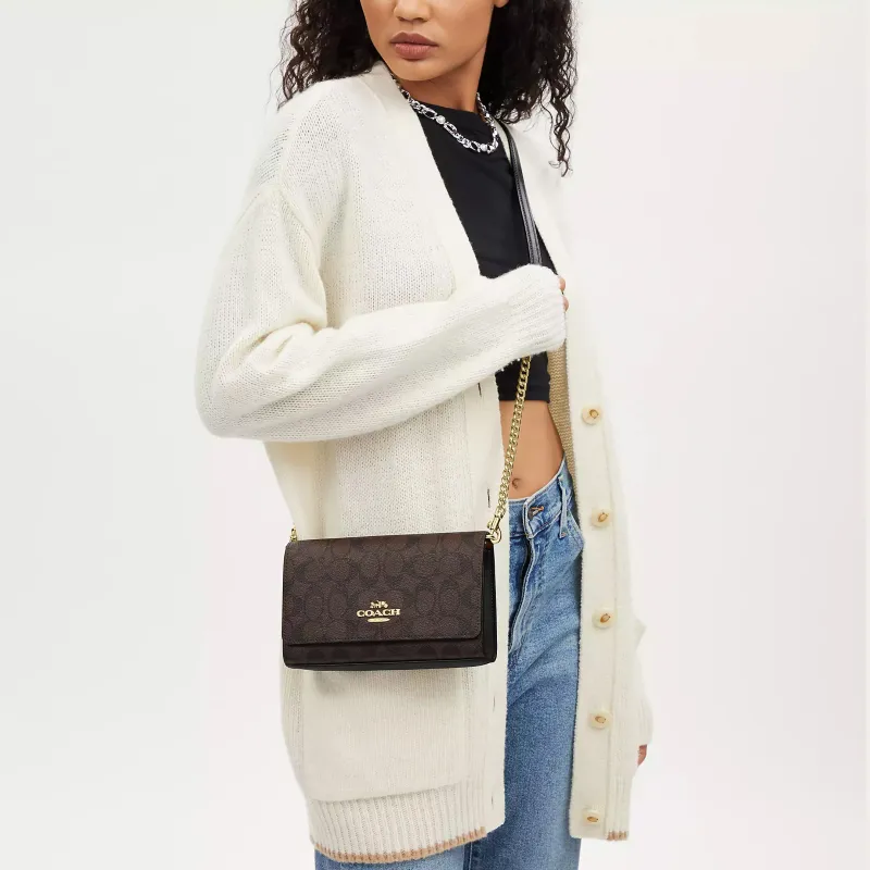 COACH Canvas With Leather Shoulder Bag, Crossbody Bag Trumpets Women's Brown Black-3