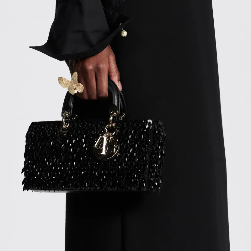 DIOR Lady D-JOY Glass Beads Shoulder Bag Crossbody Bag Handbag Medium Size Women's Black-8