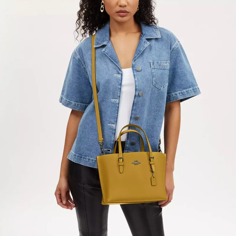 COACH Mollie Double Sided Leather Tote Bag, Shopping Bag, Handbag Medium Size Women's Antique Nickel With Linen-4