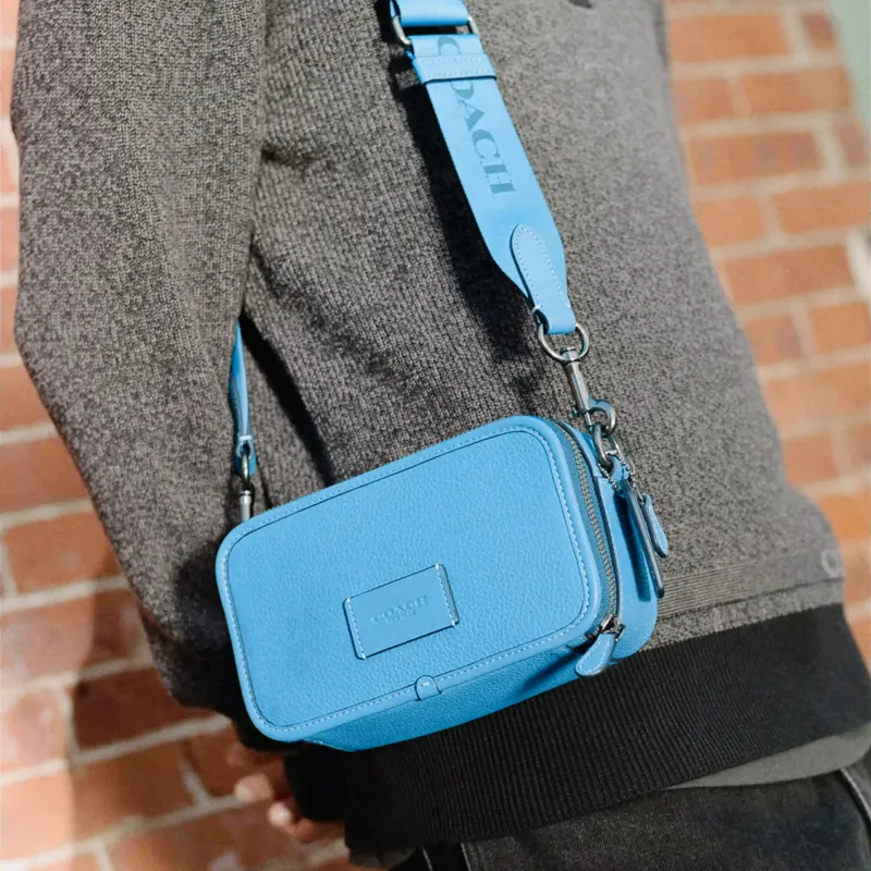 COACH Leather Camera Bag, Shoulder Bag, Crossbody Bag Trumpets Women's Cannon Copper & Bright Blue-4