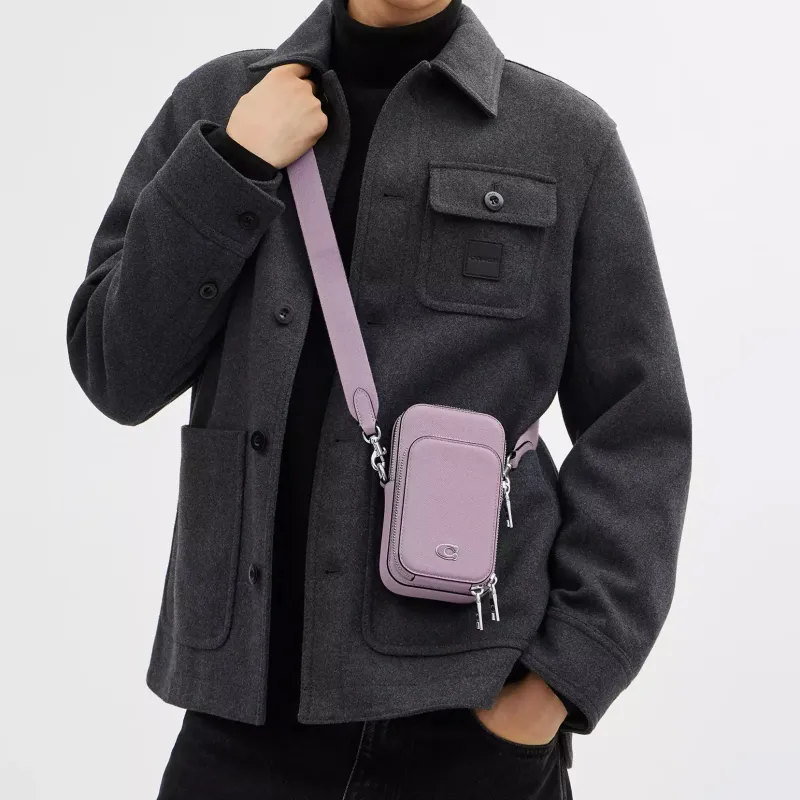 COACH Cross Grain Cow Leather Cell Phone Pouch, Shoulder Bag, Crossbody Bag Mini Men's Purple-4