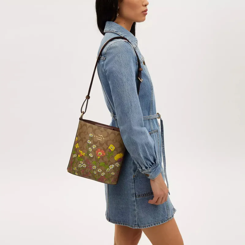 COACH Signature Canvas Bucket Bags Crossbody Bag Shoulder Bag Small Size Women's Gold & Khaki Multicolor-4