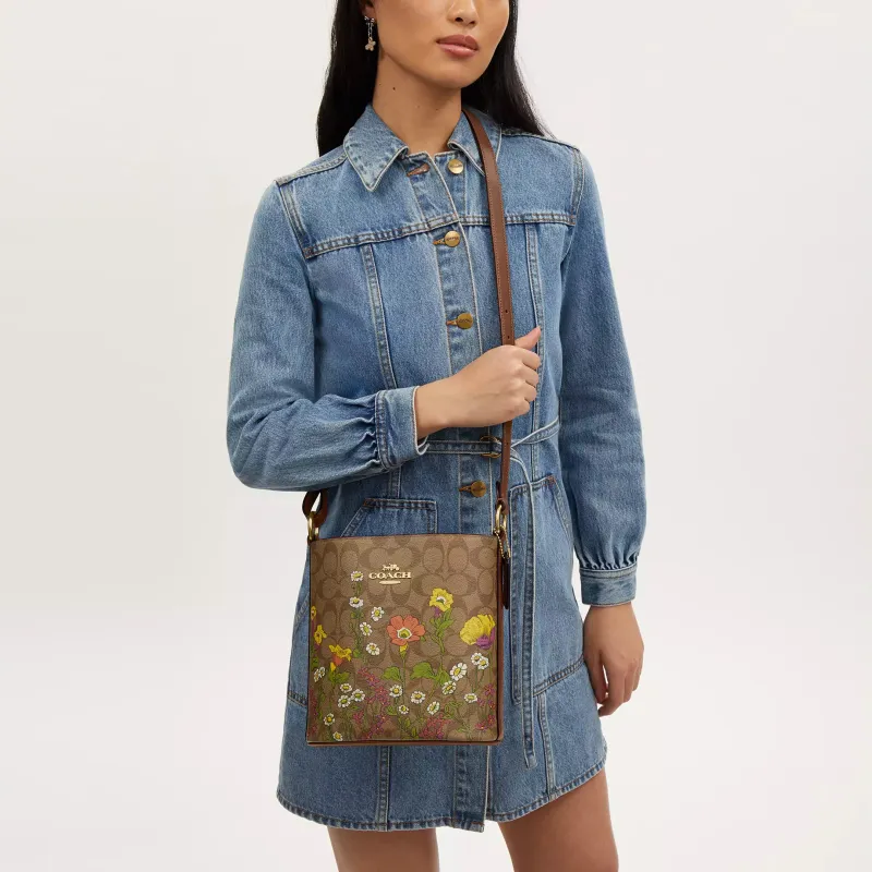 COACH Signature Canvas Bucket Bags Crossbody Bag Shoulder Bag Small Size Women's Gold & Khaki Multicolor-3