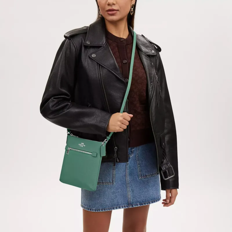 COACH File Cross Grain Leather Shoulder Bag, Crossbody Bag Small Size Women's Silver & Bright Green-3