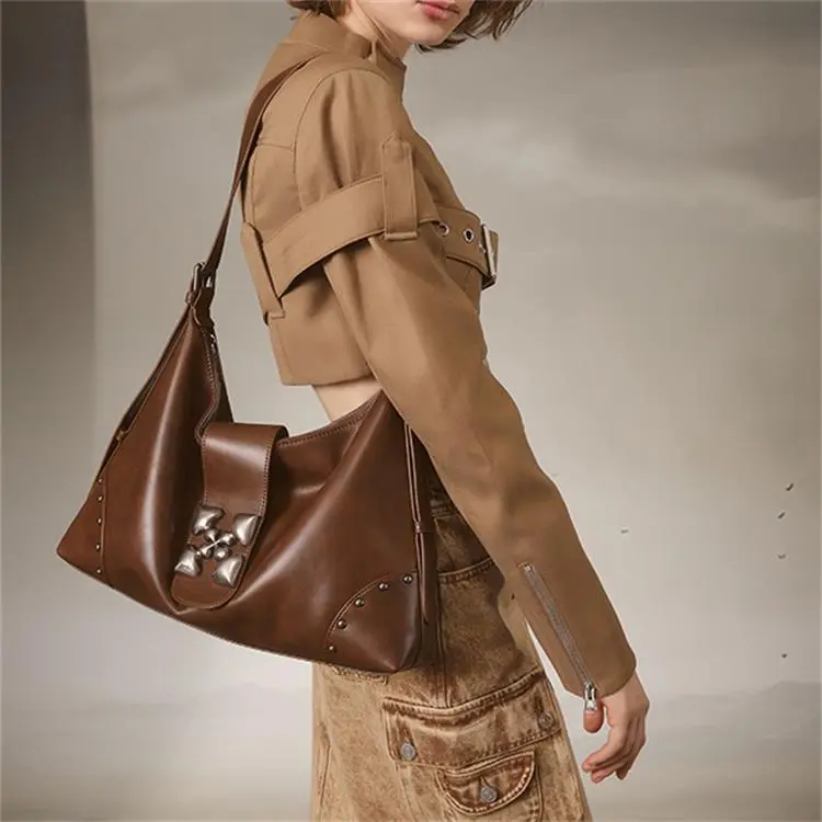 JACD PU Large Capacity Versatile Shoulder Bag Medium Size Unisex Black/Brown-3