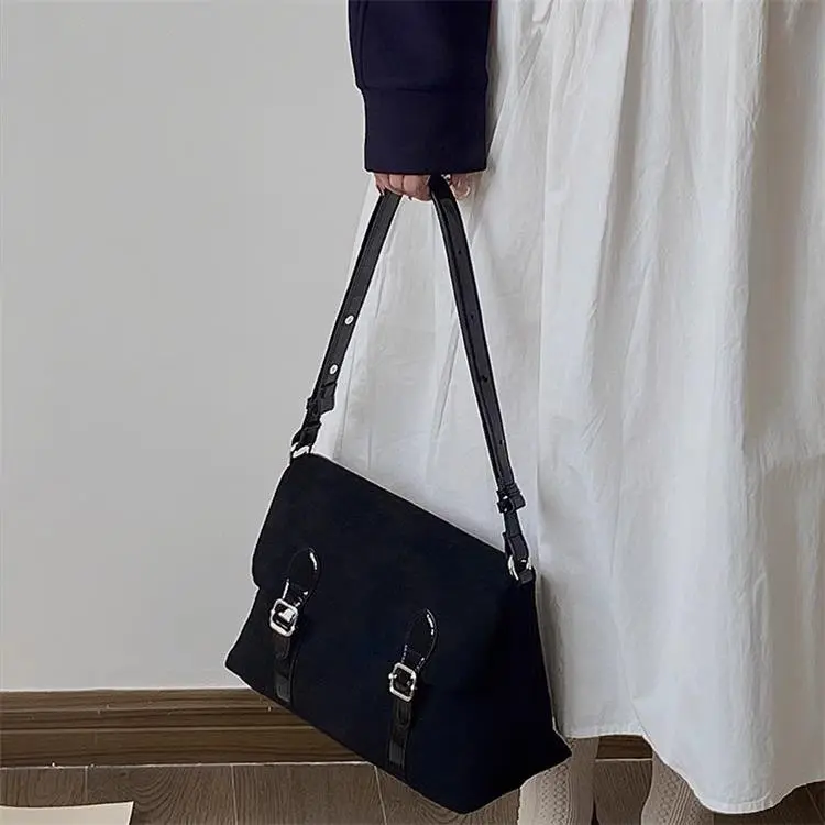 NOMK Suede Messenger Bag Shoulder Bag Crossbody Bag Women's Black & Khaki-4