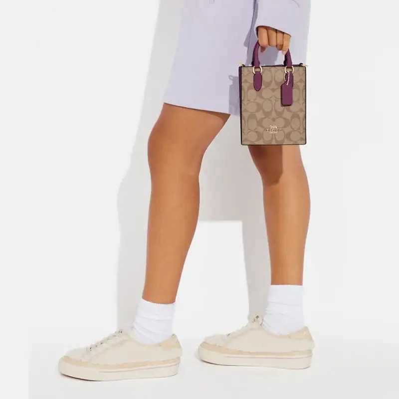 COACH N/S Coated Canvas With Smooth Leather Tote Bag, Shopping Bag, Crossbody Bag, Handbag Mini Women's Purple-3