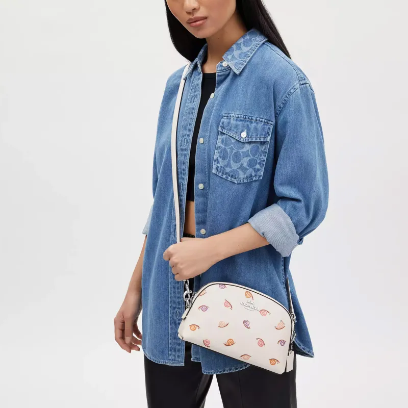 COACH Coated Canvas With Smooth Leather Shoulder Bag, Crossbody Bag Medium Size Women's Silver & Chalk Multicolor-4