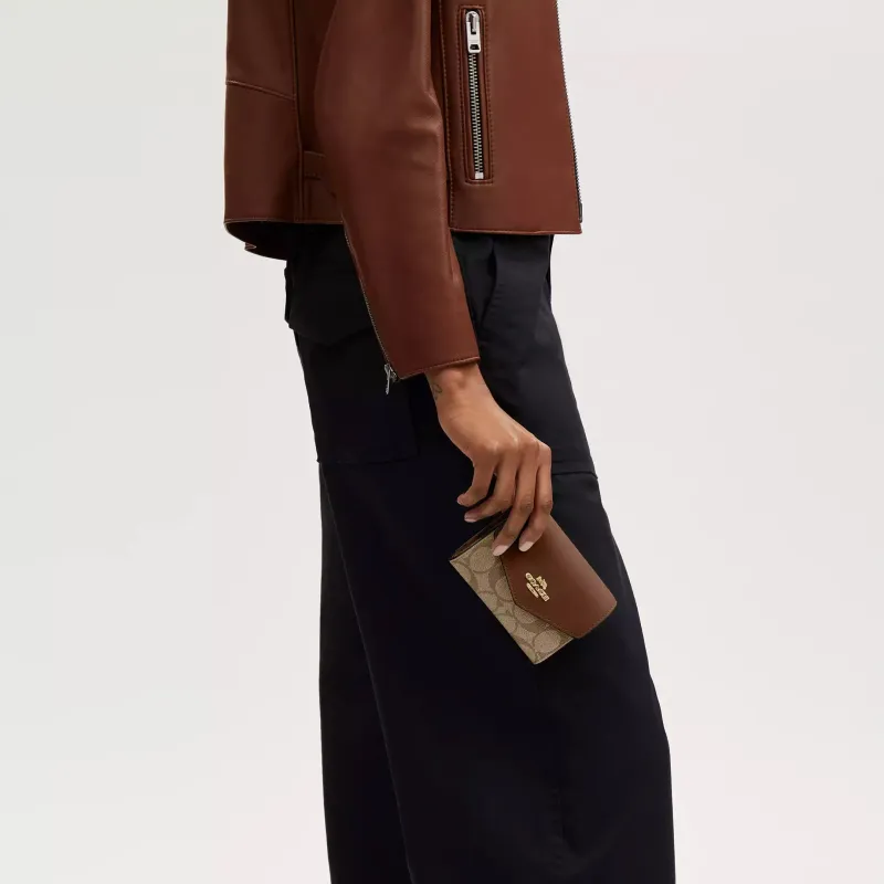 COACH Envelope Canvas Envelope Bag Wallets Mini Women's Khaki Saddle Brown-4