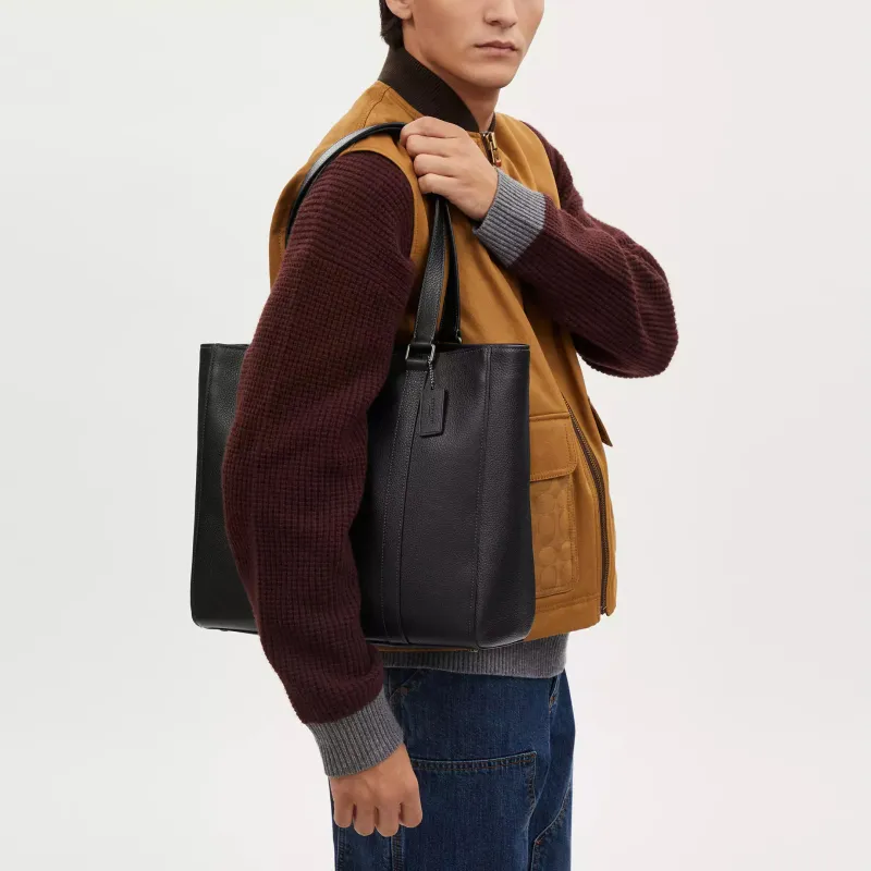 COACH Hudson Refined Pebbled Leather Tote Bag, Shopping Bag, Shoulder Bag, Handbag Tubas Men's Black-3