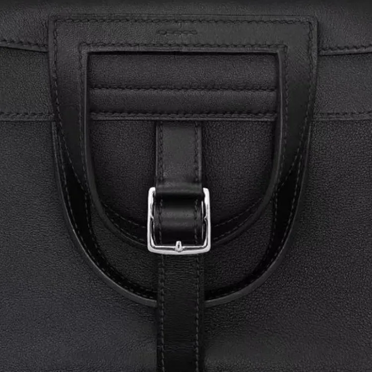 HERMES Halzan Swift Leather Horseshoe Bag, Portable Crossbody Bag, Shoulder Bag Mini Unisex Mist Gray & Black-3