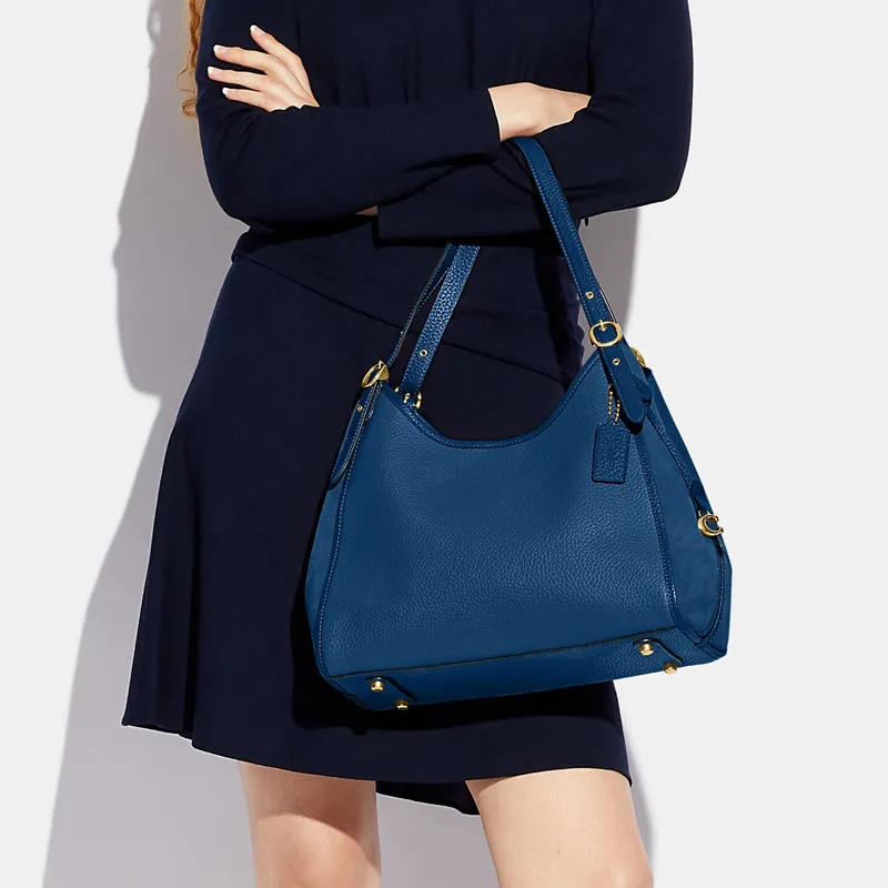 COACH Lori Soft Grained Leather And Suede Shoulder Bag Handbag Shoulder Bag Medium Size Women's Navy Blue-5