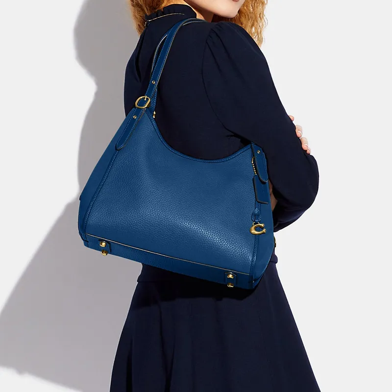 COACH Lori Soft Grained Leather And Suede Shoulder Bag Handbag Shoulder Bag Medium Size Women's Navy Blue-4