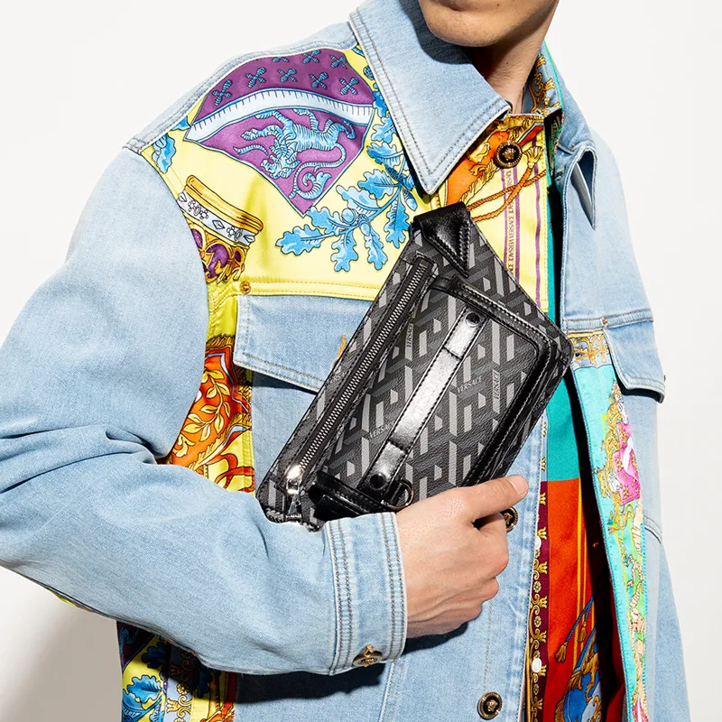 VERSACE Greca Cow Leather Sling Bag Fanny Pack Men's Black Gray Color-4