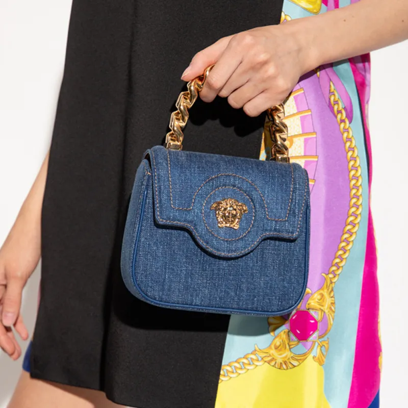 VERSACE La Medusa Denim Shoulder Bag Crossbody Bag Handbag Medium Size Men's Blue-4