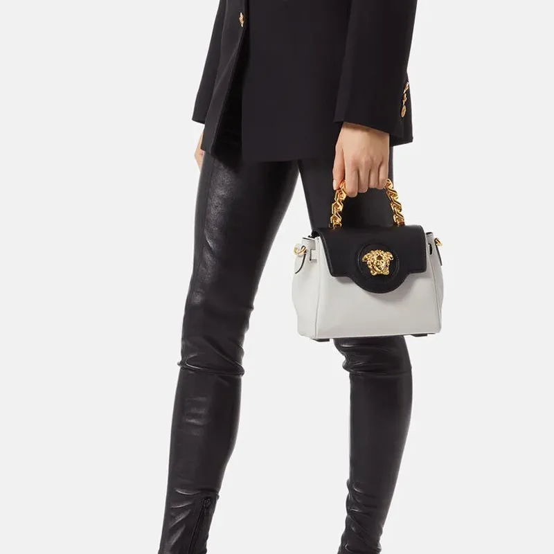 VERSACE La Medusa Leather Shoulder Bag, Crossbody Bag, Handbag Women's White & Black-4