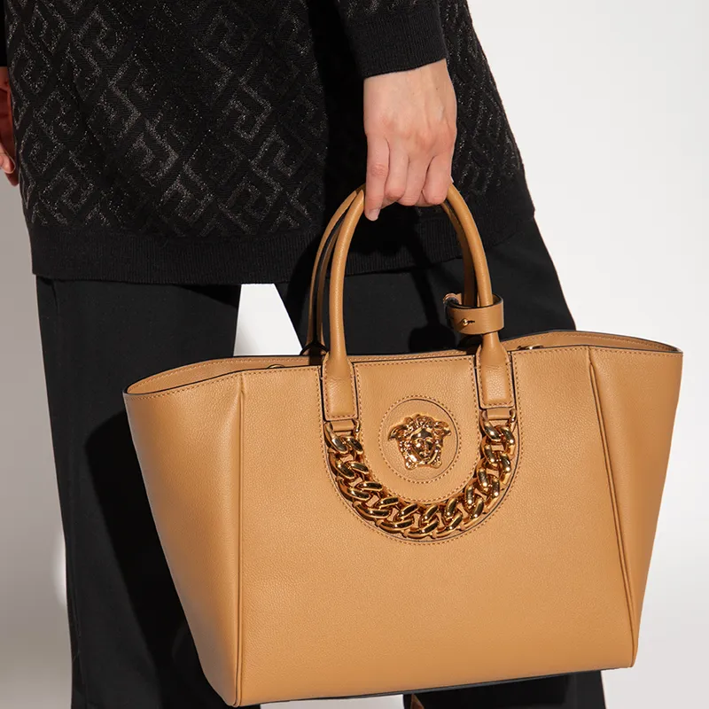 VERSACE La Medusa Grained Calfskin Tote Bag Shopping Bag Shoulder Bag Crossbody Bag Handbag Medium Size Women's Brown-4