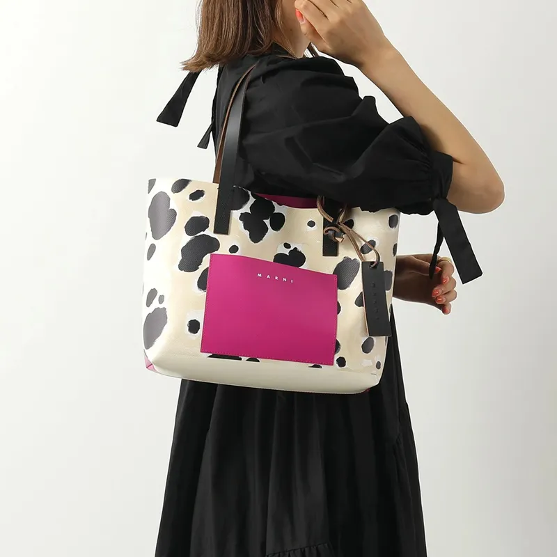 MARNI Cow Leather Shoulder Strap Handbag Shoulder Bag Tote Women's Pink & White & Black-4