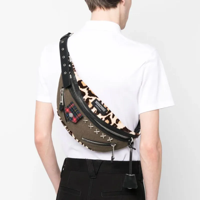 MOSCHINO Wool Blend With Cotton One Shoulder Crossbody Bag Sling Bag Fanny Pack Men's Khaki Green-4