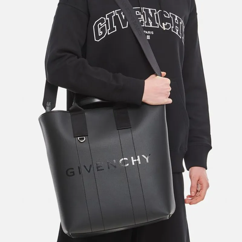 GIVENCHY Coated Canvas Fabric With Cow Leather Patchwork Tote Bag Shopping Bag Handbags Large Size Men's Black-4