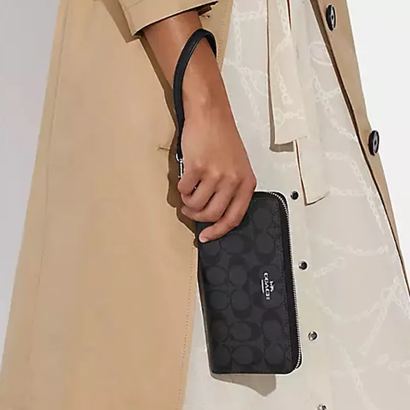 COACH Zip Around Canvas With Leather Wallet Women's Charcoal Black Monogram-5
