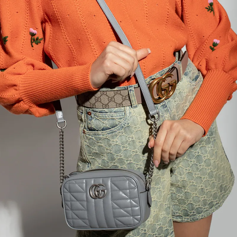 GUCCI GG Marmont Calfskin Camera Bag Shoulder Bag Crossbody Bag Mini Women's Gray-4