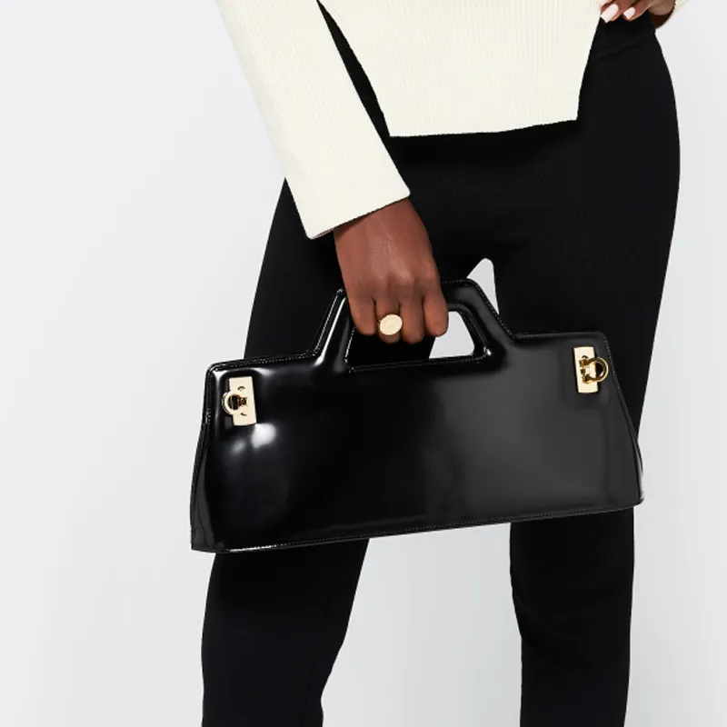 FERRAGAMO Cow Leather Patchwork With Sheepskin Handbag Regular Women's Black-3