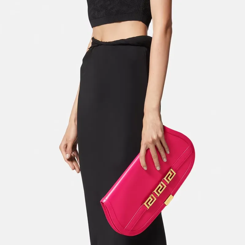 VERSACE Greca Goddess Cow Leather Saddle Bag Clutch Women's Pink-4