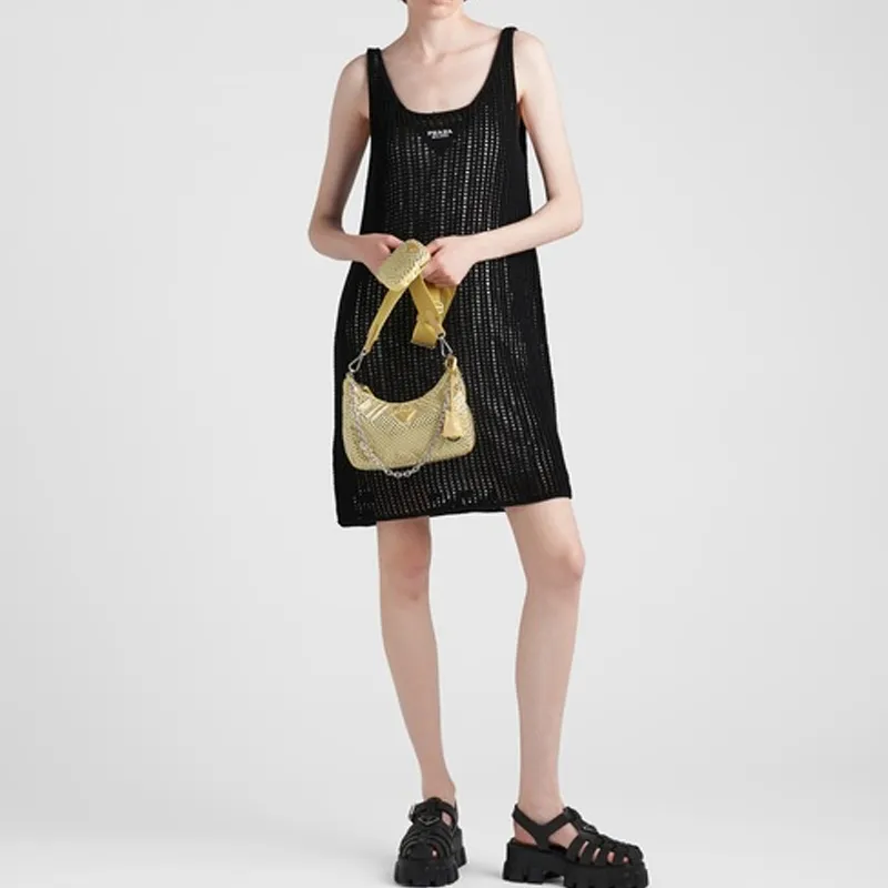 PRADA Re-Edition Fabric Rhinestone Bag Crossbody Bag Shoulder Bag Women's Pineapple Yellow-4