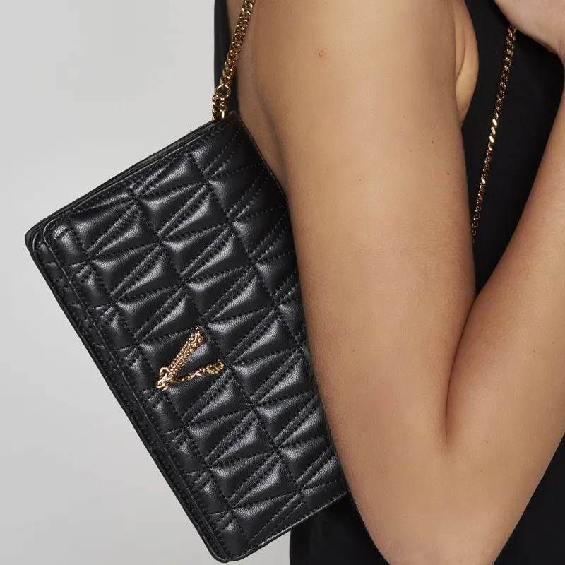 VERSACE Virtus Lambskin One Shoulder Crossbody Clutches Women's Black-4
