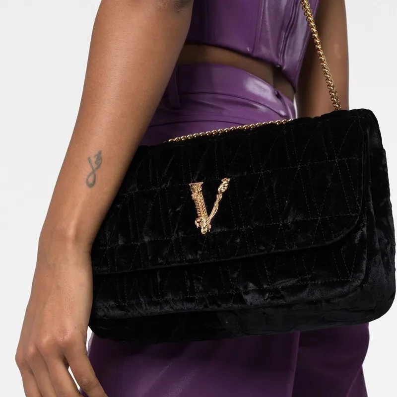 VERSACE Virtus Velvet With Calfskin Crossbody Bag Shoulder Bag Women's Black-4