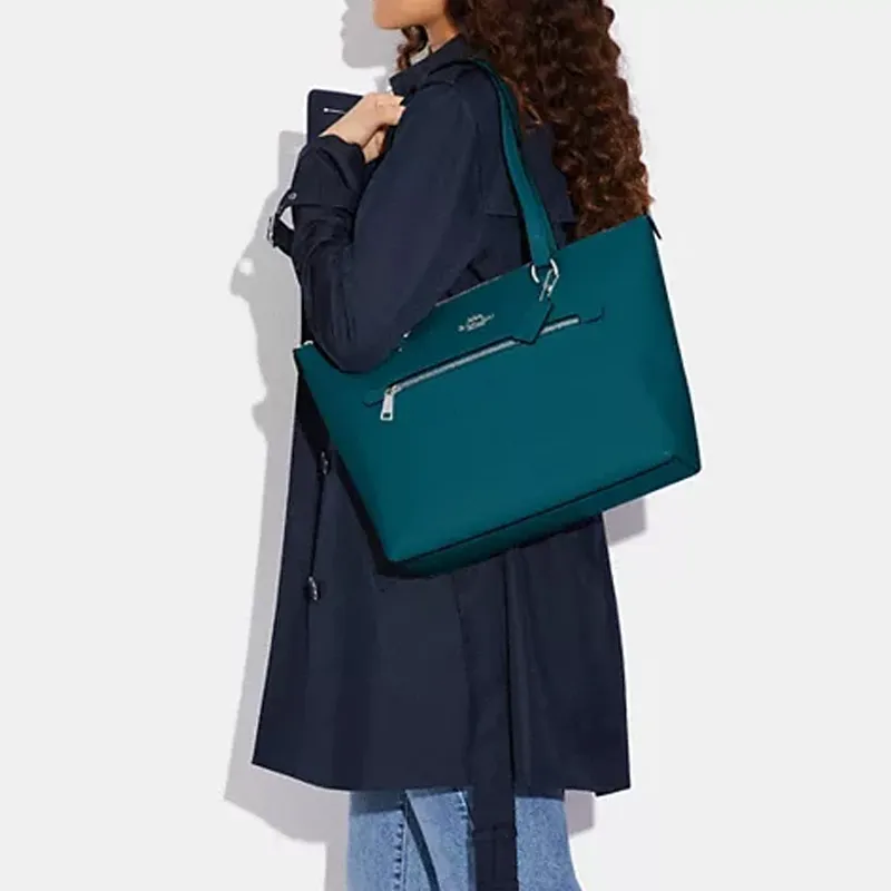 COACH Gallery Cross Stitch Leather Tote Bag Shopping Bag Handbag Shoulder Bag Women's Deep Turquoise-4