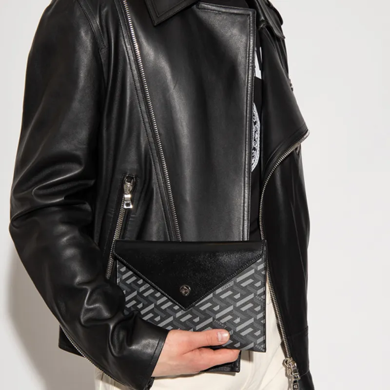 VERSACE Coated Canvas With Leather Multi Purpose Clutch Bag Unisex Black & Gray-10
