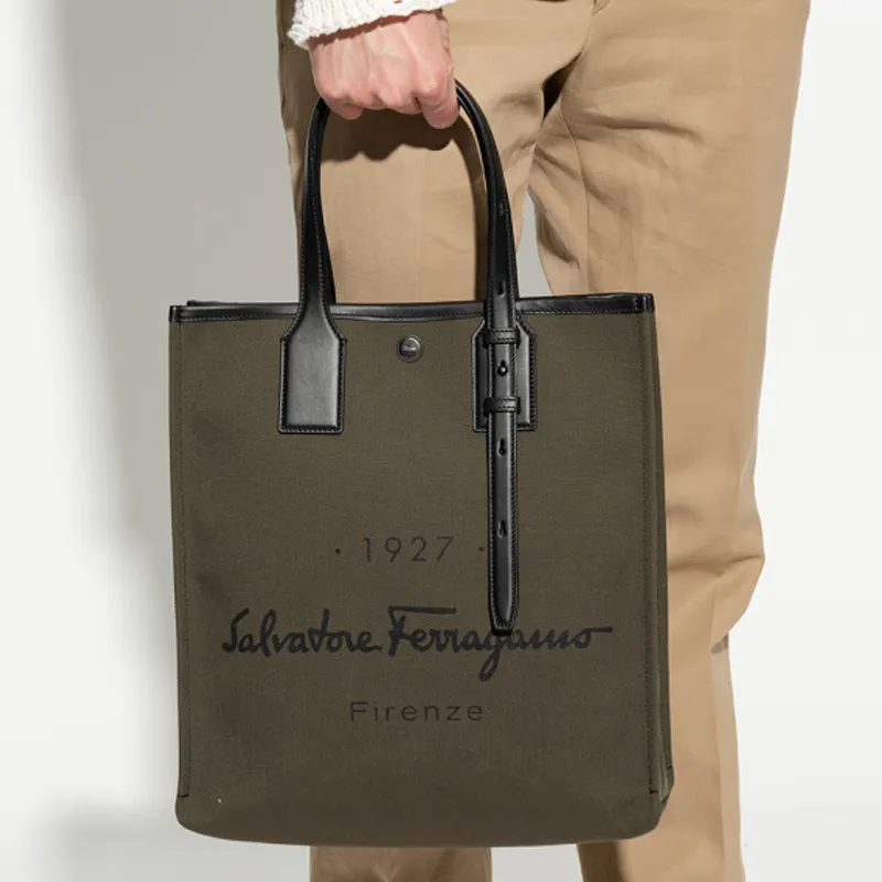FERRAGAMO Canvas With Deerskin Tote Bag, Shopping Bag, Canvas Bag, One Shoulder Handbag Men's Green-4