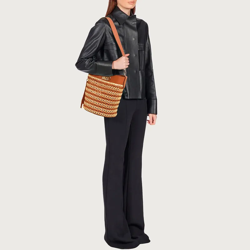 FERRAGAMO Studio Cow Leather With Leaf Fiber Bucket Bags Crossbody Bag Shoulder Bag Women's Brown-4
