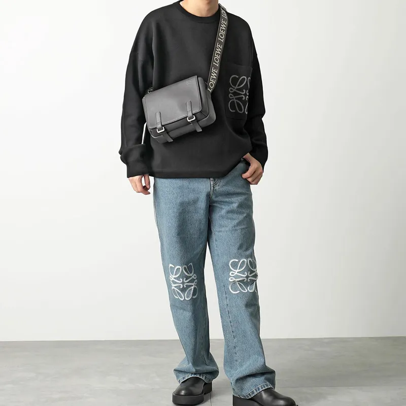 LOEWE Military Messenger Bag In Supple Smooth Calfskin And Jacquard Xs Dark Grey-4