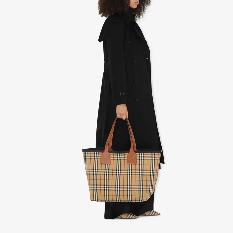 Burberry Cotton With Calfskin Tote Bag Shopping Bag Shoulder Bag Handbag Large Size Women's Khaki-4