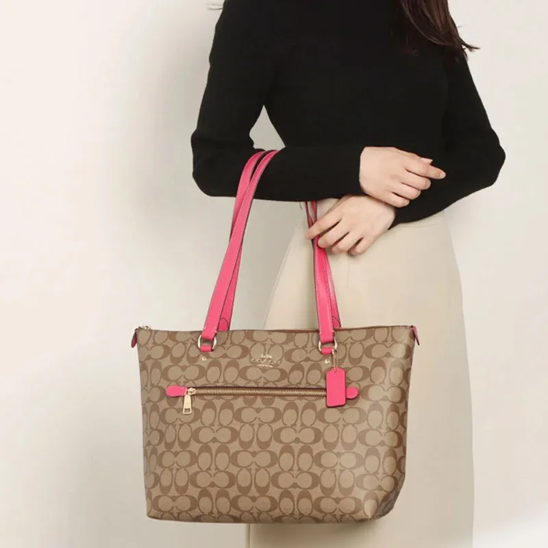 COACH Gallery Canvas With Leather Tote Bag, Shopping Bag, Handbag, Shoulder Bag Women's Dark Brown & Rose Red-3