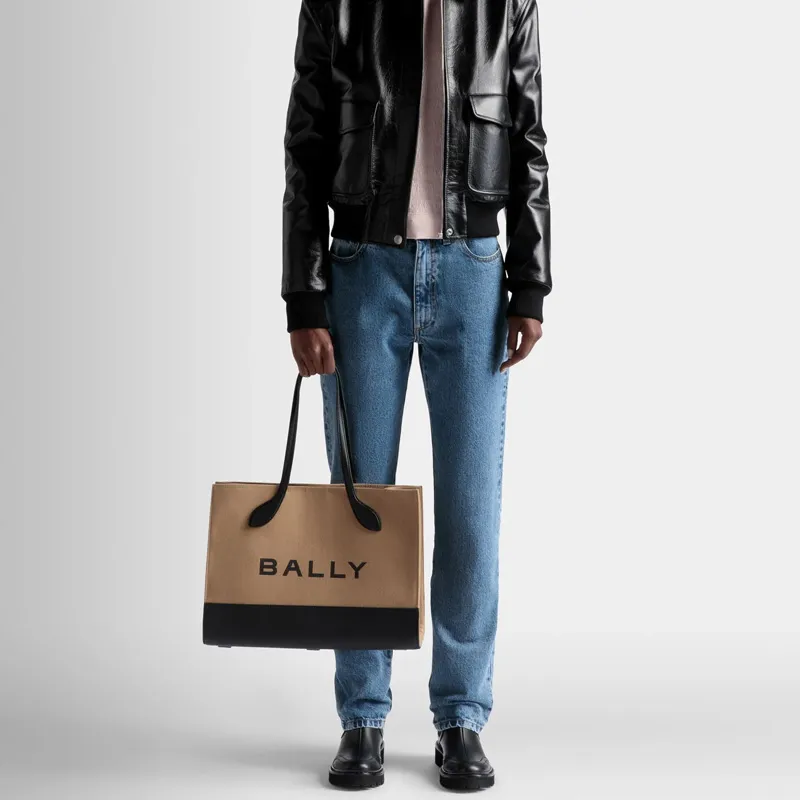 BALLY Fabric With Cow Leather Tote Bag, Shopping Bag, Shoulder Bag, Crossbody Bag, Handbag Tubas Women's Sand & Black-4